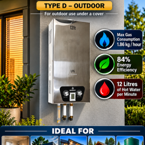 DEWHOT 12L STAINLESS STEEL DIAPHRAGM ACTIVATED GAS GEYSER, TYPE D-OUTDOOR