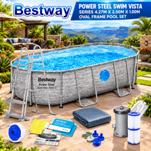 BESTWAY POWER STEEL SWIM VISTA SERIES 4.27M X 2.50M X 1.00M OVAL FRAME POOL SET -7,250 L, 56714