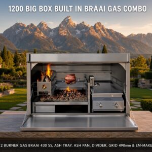 1200 BIG BOX BUILT IN BRAAI GAS COMBO: 2 BURNER GAS BRAAI 430 SS, ASH TRAY. ASH PAN, DIVIDER, GRID 490mm & EM-MAKER