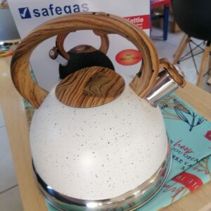 SAFEGAS SPECKLED STAINLESS-STEEL WHISTLING KETTLE WOOD PATTERN HANDLE - Speckled White