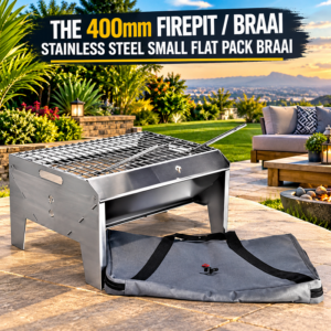 THE 400mm FIREPIT / BRAAI STAINLESS STEEL SMALL FLAT PACK BRAAI