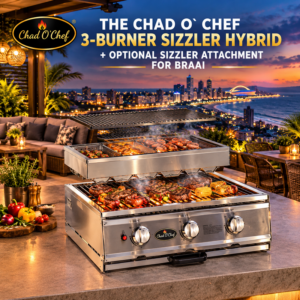 THE CHAD O` CHEF 3-BURNER SIZZLER HYBRID + OPTIONAL SIZZLER ATTACHMENT FOR BRAAI.