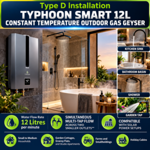 TYPHOON SMART 12L CONSTANT TEMPERATURE OUTDOOR GAS GEYSER 💧“SIMULTANEOUS MULTI-TAP FLOW ACROSS TWO SMALLER OUTLETS”