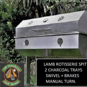 LAMB CHARCOAL 430 SS 3-BURNER ROTISSERIE SPIT - 2 CHARCOAL TRAYS DIA 75MM SWIVEL + BRAKES, MANUAL TURN