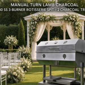 LAMB CHARCOAL 430 SS 3-BURNER ROTISSERIE SPIT - 2 CHARCOAL TRAYS DIA 75MM SWIVEL + BRAKES, MANUAL TURN